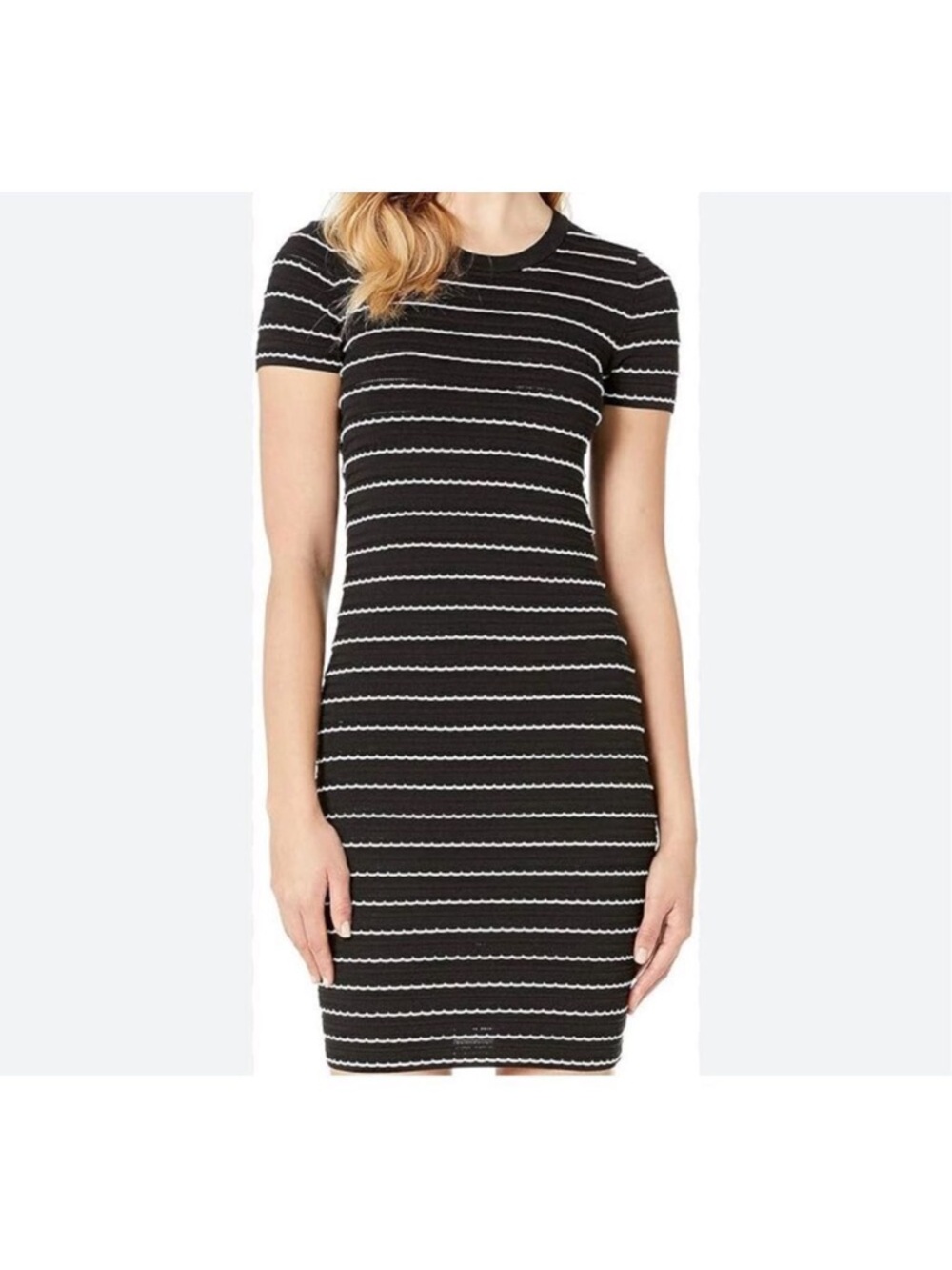 Michael Kors Black and White Striped Midi Knit Dress